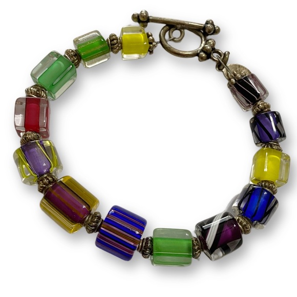 Handmade Rainbow Mardi Gras Czech Glass and Sterling Silver Artisan Bracelet - Picture 2 of 3